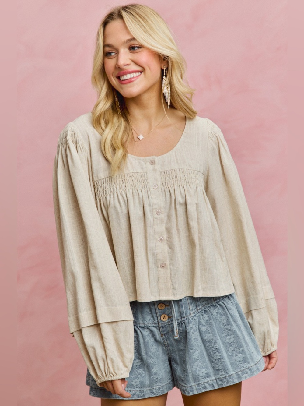 SO ME Linen Blend Woven Long Sleeve With Smocking Top - Picture 11 of 16